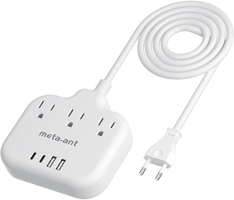 meta-ant European Travel Plug Adapter, US to Europe Plug Adapter with 3 Outlets & 4 USB(2 USB-C), 5ft European Power Cord, International Power Strip, Type C for Europe EU Germany France, Travel, White - Image 1